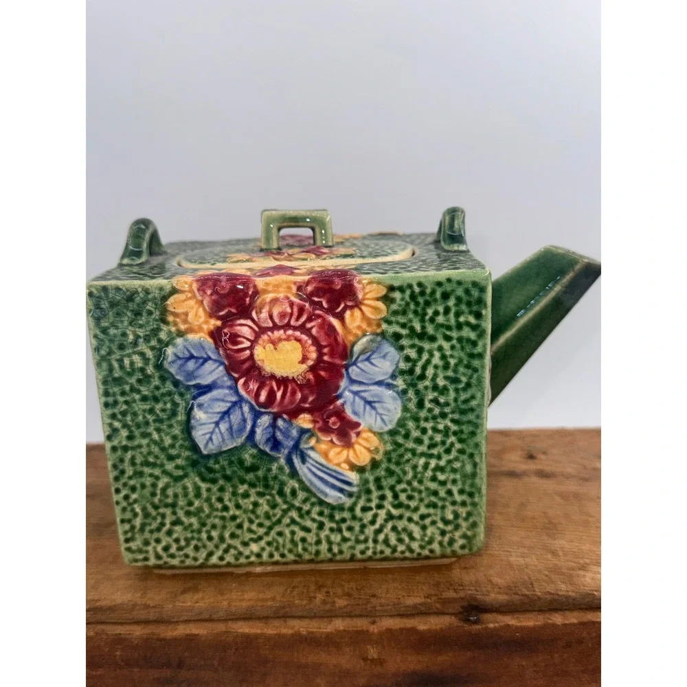 Vintage Japanese Square Ceramic Teapot Floral Majolica Style Green Made in Japan
